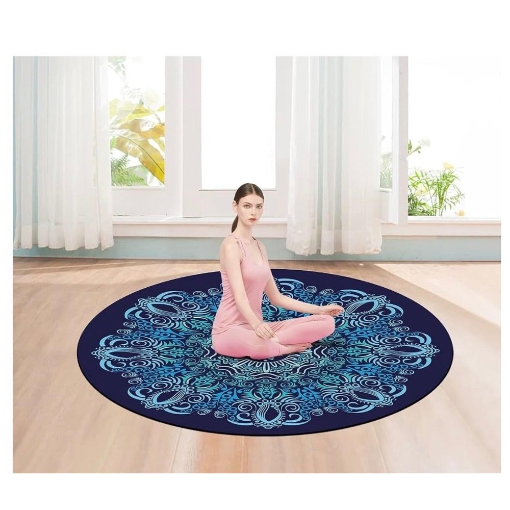 Round Oversize Yoga Mat 55in Blue Mandala Suede Rubber Non-Slip Pilates Zen - Picture 6 of 9